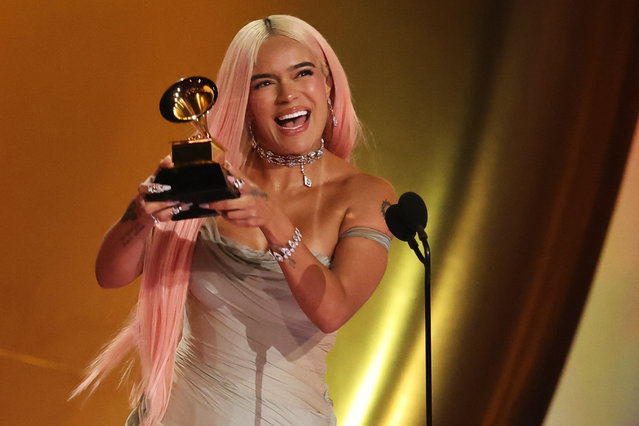 Colombian singer-songwriter Karol G accepts the award for Best Musica Urbana Album for Manana sera bonito during the 66th Annual Grammy Awards in Los Angeles, California, U.S., February 4, 2024. (Photo by Mike Blake/Reuters)