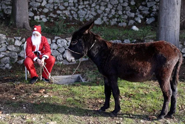 A person dressed in a Santa Claus costume waits with his donkey as they take part in a race, a week ahead of the Christmas season's celebration, in Capljina, Bosnia and Herzegovina on December 18, 2022. (Photo by Dado Ruvic/Reuters)