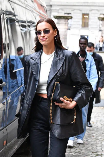 Irina Shayk is seen arriving at the Boss fashion show during the Milan Women's Fashion Week on September 25, 2020 in Milan, Italy. (Photo by Jacopo Raule/Getty Images)