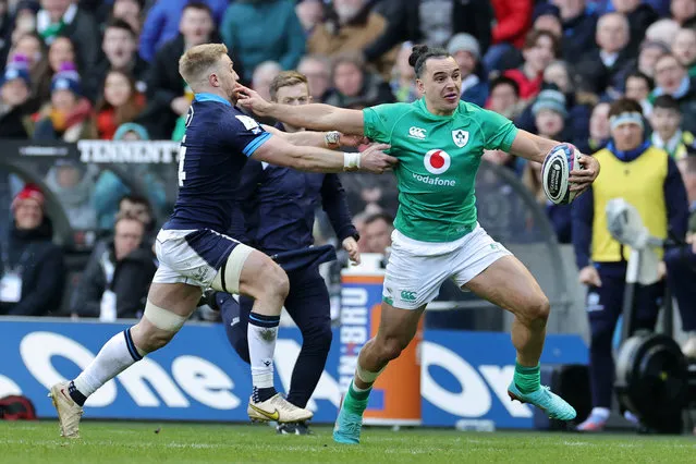 James Lowe of Ireland hands off Kyle Steyn of Scotland during the Six Nations Rugby match between Scotland and Ireland at Murrayfield Stadium on March 12, 2023 in Edinburgh, Scotland. (Photo by David Rogers/Getty Images)
