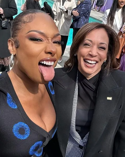 American rapper Megan Jovon Ruth Pete, known professionally as Megan Thee Stallion (L) in the last decade of March 2023 pals around with Vice President Harris. (Photo by theestallion/Instagram)