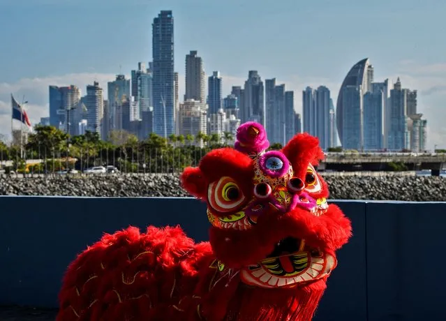 A person disguised as a dragon takes part in the celebration of the beginning of the lunar new year of the Tiger in Panama City on February 01, 2022. (Photo by Luis Acosta/AFP Photo)