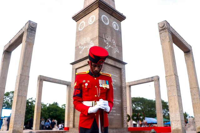 A Sri Lankan soldier takes part in a ceremony to commemorate the 16th anniversary of the National War Heroes Day, marking the end of the island's civil war, in front of the War Heroes Monument in Colombo on May 19, 2025. (Photo by Saman Abesiriwardana/Pacific Press via ZUMA Press Wire/Alamy Live News)
