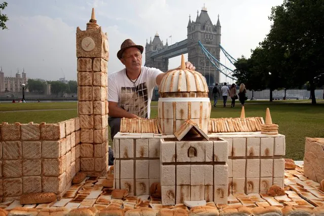 A 3D London Skyline, created out of bakery products by food artist Lennie Payne, to celebrate Warburtons becoming London's number 1 bakery brand, at London's Potters Fields, on June 20, 2013.  Measuring 2 metres high and 3 metres wide, the artwork has been created with Warburtons' muffins, crumpets, sandwich thins, bread and rolls. (Photo by David Parry/PA Wire)