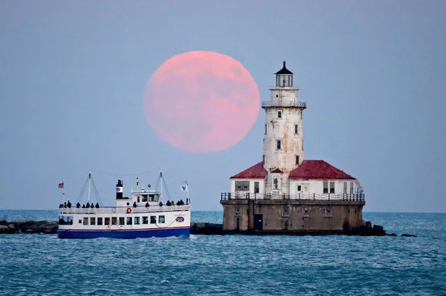 The moon rises over the Chicago, US harbour lighthouse on the eve of the supermoon on November 13, 2016. (Photo by Jerry Lai/ddp USA/Rex Features/Shutterstock)