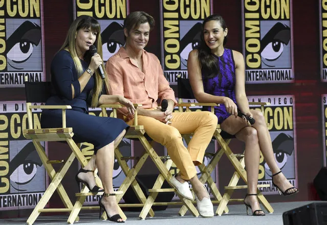 Patty Jenkins, from left, Chris Pine and Gal Gadot speak at the Warner Bros. Theatrical panel for “Wonder Woman 1984” on day three of Comic-Con International on Saturday, July 21, 2018, in San Diego. (Photo by Chris Pizzello/Invision/AP Photo)