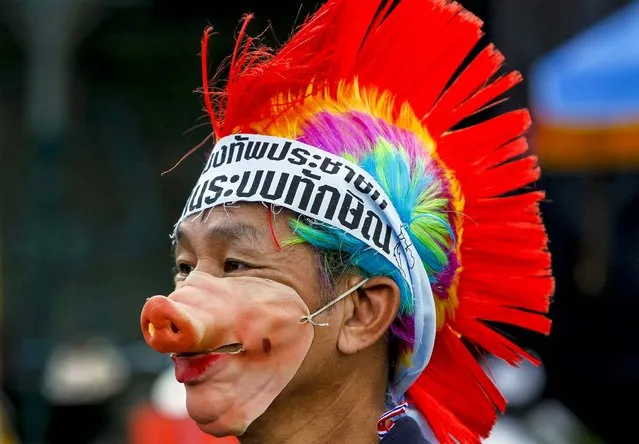 A protester wearing a wig and a pig mask attends a rally against the government-backed amnesty bill at the Democracy Monument in central Bangkok, on November 15, 2013. (Photo by Chaiwat Subprasom/Reuters)