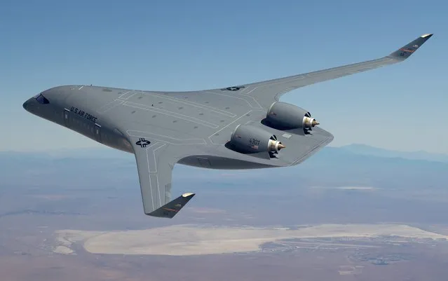 This image provided by the U.S. Air Force shows a rendering of a blended-wing body prototype aircraft. The Air Force has promised $235 million to help start-up manufacturer JetZero build a jet with a blended-wing body that officials say could provide greater range and efficiency for military tankers and cargo planes and perhaps eventually be used to carry airline passengers. JetZero and the Air Force, which announced the award Wednesday, August 16, 2023, say they hope that the full-size demonstrator plane will be ready to fly in 2027. (Photo by U.S. Air Force via AP Photo)