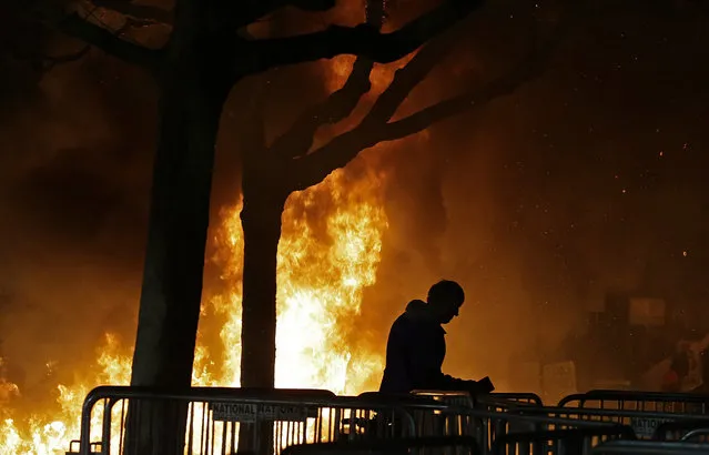 A bonfire set by demonstrators protesting a scheduled speaking appearance by Breitbart News editor Milo Yiannopoulos burns on Sproul Plaza on the University of California at Berkeley campus on Wednesday, February 1, 2017, in Berkeley, Calif. The event was canceled out of safety concerns after protesters hurled smoke bombs, broke windows and started a bonfire. (Photo by Ben Margot/AP Photo)