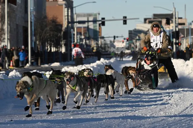 Mats Pettersson of Sweden at the start of the Iditarod Trail sled dog race in Anchorage, Alaska early March 2024. (Photo by Bob Hallinen/AP Photo)