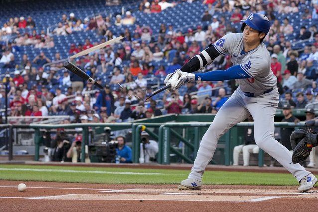 Los Angeles Dodgers designated hitter Shohei Ohtani breaks his bat during the first inning of the team's baseball game against the Washington Nationals at Nationals Park, Tuesday, April 23, 2024, in Washington. (Photo by Alex Brandon/AP Photo)