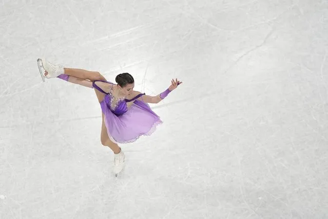 Kamila Valieva, of the Russian Olympic Committee, competes in the women's short program team figure skating competition at the 2022 Winter Olympics, Sunday, February 6, 2022, in Beijing. (Photo by Jeff Roberson/AP Photo)