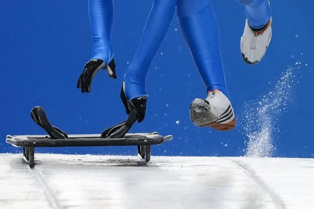 Valentina Margaglio of Italy starts during the women's skeleton training run at the 2022 Winter Olympics, Tuesday, Februaly 8, 2022, in the Yanqing district of Beijing. (Photo by Pavel Golovkin/AP Photo)