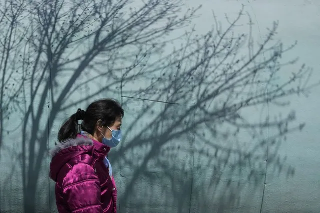A resident wearing a mask walks past shadows of a tree in a park on Thursday, March 31, 2022, in Beijing. China's case numbers in its latest infection surge are low compared with other major countries. But the ruling Communist Party is enforcing a “zero tolerance” strategy aimed at isolating every infected person. (Photo by Ng Han Guan/AP Photo)