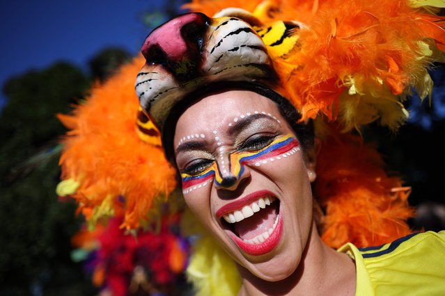 A Colombia supporter poses for a photo before the start of the Australia and New Zealand 2023 Women's World Cup Group H football match between Colombia and South Korea at Sydney Football Stadium in Sydney on July 25, 2023. (Photo by Franck Fife/AFP Photo)