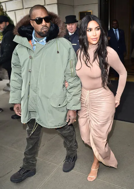 Kim Kardashian & Kanye West leave their hotel to go to the Nordstrom store in New York for Kim Kardashians “Skims” launch on February 5, 2020. (Photo by New Media Images/Splash News and Pictures)