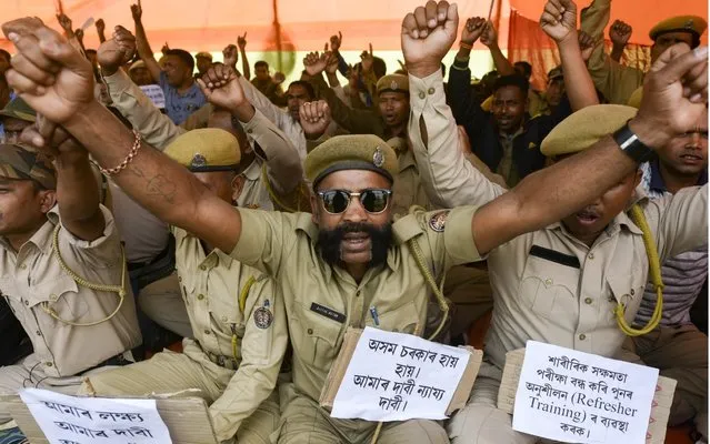 All Assam Trained Home Guard Association (AATHGA) protest in Guwahati, India on March 3, 2020. (Photo by David Talukdar/Rex Features/Shutterstock)