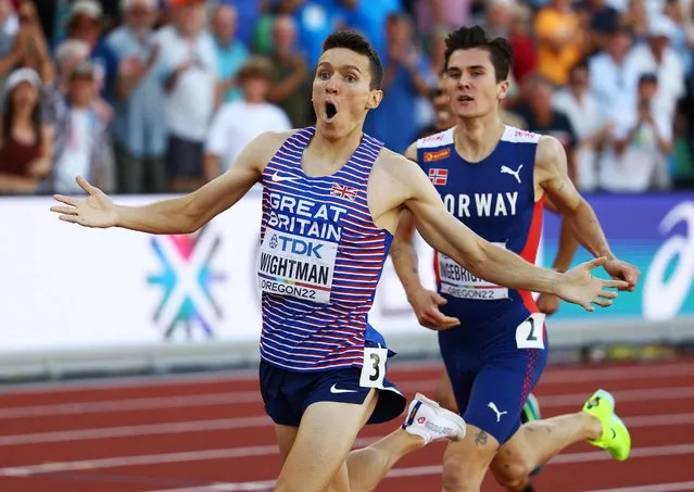 Jakob Ingebrigtsen of Team Norway and Jake Wightman of Team Great Britain cross the finish line in the Men's 1500m Final on day five of the World Athletics Championships Oregon22 at Hayward Field on July 19, 2022 in Eugene, Oregon. (Photo by Kai Pfaffenbach/Reuters)