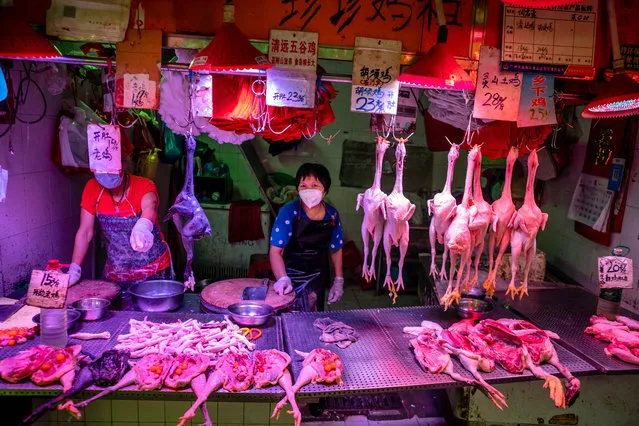 A vendor wearing a mask sells chicken on Xihua Farmer's Market in Guangzhou, Guangdong province, China, 04 May 2020. (Photo by Alex Plavevski/EPA/EFE)