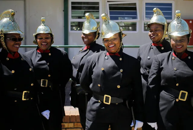 Ceremonial officers prior to the parade marking the induction of 1500 recruits to the JMPD (Johannesburg Police Department) training course, Johannesburg, South Africa, 18 October 2017. The JMPD is the local “city police” for the city which is the biggest in the country. With crime level still way above world average levels the new recruits are much needed. (Photo by Kim Ludbrook/EPA/EFE)