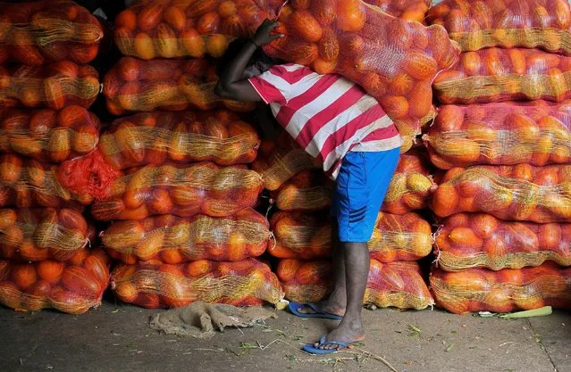 A porter carries a bag of yellow cucumbers inside a wholesale vegetable and fruit market in Bengaluru, India August 10, 2016. (Photo by Abishek N.Chinnappa/Reuters)