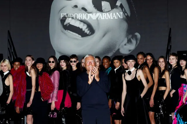 Italian fashion designer Giorgio Armani appears at the catwalk during the Emporio Armani Fall/Winter 2023/2024 collection at Fashion Week in Milan, Italy on February 23, 2023. (Photo by Alessandro Garofalo/Reuters)
