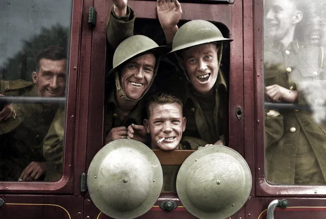 British troops cheerfully board their train for the first stage of their trip to the western front – England, September 20, 1939. Colorized by BenAfleckIsAnOkActor on Reddit.