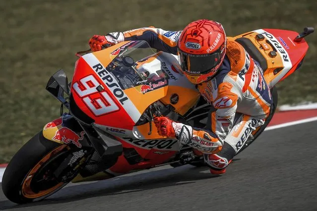 Repsol Honda Team's Spanish rider Marc Marquez rides during the first MotoGP free practice session of the Portuguese Grand Prix at the Algarve International Circuit in Portimao, on April 16, 2021. (Photo by Patricia de Melo Moreira/AFP Photo)