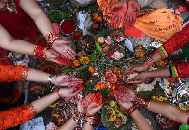 Nepali Hindu women recite prayers led by a priest as they sit on the banks of the Bagmati River during the Rishi Panchami festival in Kathmandu on September 14, 2018. Rishi Panchami marks the end of the three-day long Teej Festival, celebrated in Nepal and some parts of India by married Hindu women by fasting during the day and praying for long lives for their husbands, while unmarried women wish for handsome husbands and happy conjugal lives. (Photo by Prakash Mathema/AFP Photo)