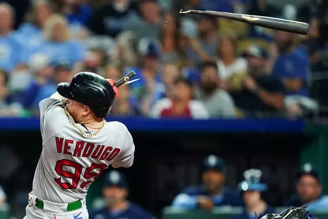 Alex Verdugo #99 of the Boston Red Sox breaks his bat on a Kansas City Royals pitch during the fifth inning at Kauffman Stadium on September 1, 2023 in Kansas City, Missouri. (Photo by Kyle Rivas/Getty Images)