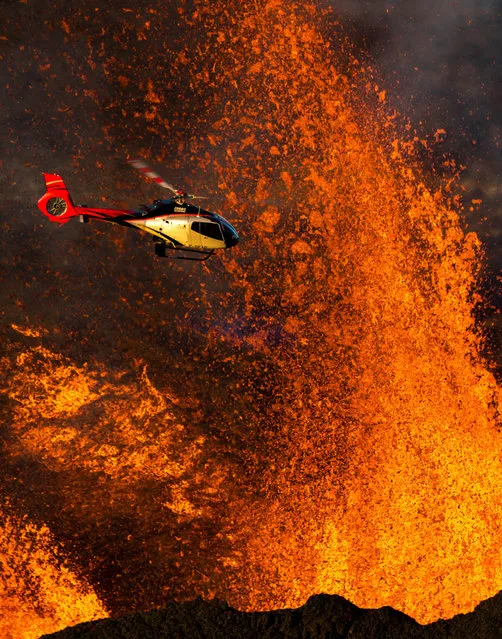 This is the magnificent moment that a daring helicopter pilot took a flight over and erupting volcano. The shots, which show the lava erupting perilously close to the helicopters cockpit, were taken above the Piton de la Fournaise, on Reunion Island. Thanks to the conditions, Lionel Ghighi, from Reunion Island, was able to get a clear view of the helicopter although also felt the heat of the eruption himself at times. Lionel said: The view was amazing and it looked like the lava was erupting just inches away from where the helicopter was flying. (Photo by Lionel Ghighi/Caters News Agency)