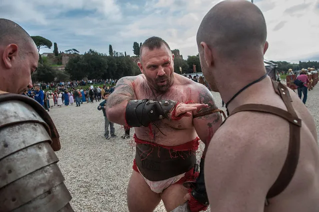 Actors dressed as ancient gladiators get ready for the commemorative parade during festivities marking the 2,768th anniversary of the founding of Rome on April 19, 2015 in Rome, Italy. The birth of Rome is celebrated in the capital annually, with actors dressed as denizens of ancient Rome taking part in parades and re-enactments of the ancient Roman Empire. According to legend, Rome was founded by Romulus in 753 BC in an area surrounded by seven hills. (Photo by Giorgio Cosulich/Getty Images)