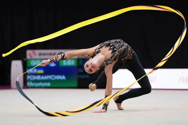 Khrystyna Pohranychna of Ukraine competes during the Individual Ribbon Final on day two of the 38th FIG Rhythmic Gymnastics Championships at West Japan General Exhibition Center on October 28, 2021 in Kitakyushu, Fukuoka, Japan. (Photo by Toru Hanai/Getty Images)