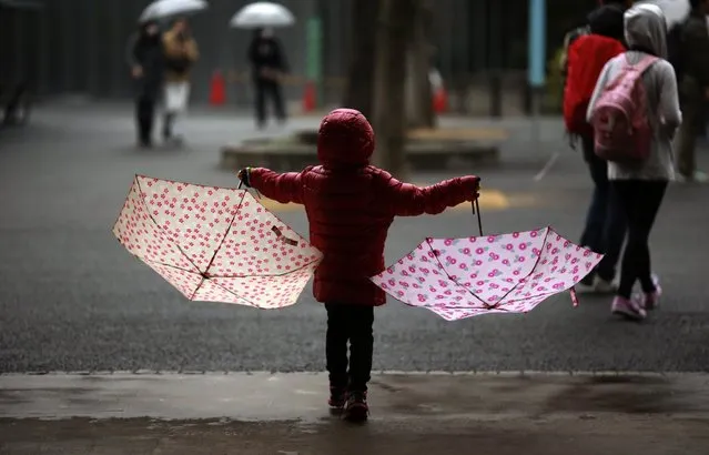 A young girl holds a pair of umbrellas in the rain at a park in Tokyo, Saturday, February 20, 2016. (Photo by Eugene Hoshiko/AP Photo)