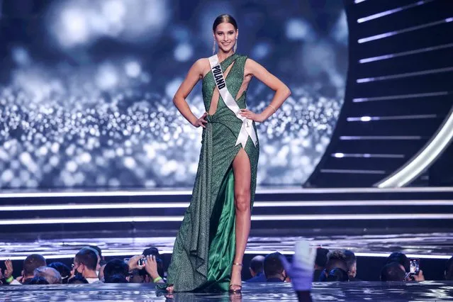 Miss Poland, Agata Wdowiak, presents herself on stage during the preliminary stage of the 70th Miss Universe beauty pageant in Israel's southern Red Sea coastal city of Eilat on December 10, 2021. (Photo by Menahem Kahana/AFP Photo)