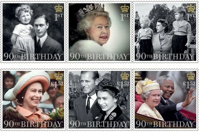 This Handout image released by the Royal Mail on April 20, 2016, shows six stamps issued to mark the 90th birthday of Queen Elizabeth II including images of Queen Elizabeth II: with her father; attending the State Opening of Parliament in 2012; with Princess Anne and Prince Charles in 1952; visiting New Zealand in 1977; with The Duke of Edinburgh in 1957; and with Nelson Mandela in 1996. (Photo by Royal Mail/Getty Images)