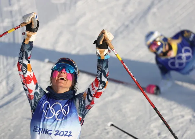 Therese Johaug of Norway celebrates winning the Women's 7.5km+7.5km Skiathlon competition at the Zhangjiakou National Cross-Country Skiing Centre at the Beijing 2022 Olympic Games, Zhangjiakou, China, 05 February 2022. (Photo by Jeon Heon-Kyun/EPA/EFE)