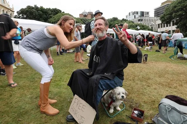A woman gives a free haircut to a protester in front of Parliament buildings on the fourth day of demonstrations against Covid-19 restrictions, inspired by a similar demonstration in Canada, in Wellington on February 11, 2022. (Photo by Marty Melville/AFP Photo)