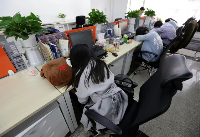 Employees at Goopal Group take a nap in their seats after lunch, in Beijing, China, April 21, 2016. (Photo by Jason Lee/Reuters)