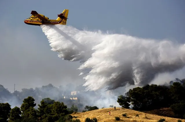 Locals watch as a firefighting plane drops water over a fire near holiday homes in Costa village in the Argolida region, in Southeastern Greece during a developing wild fire, July 20, 2015. (Photo by Yannis Behrakis/Reuters)