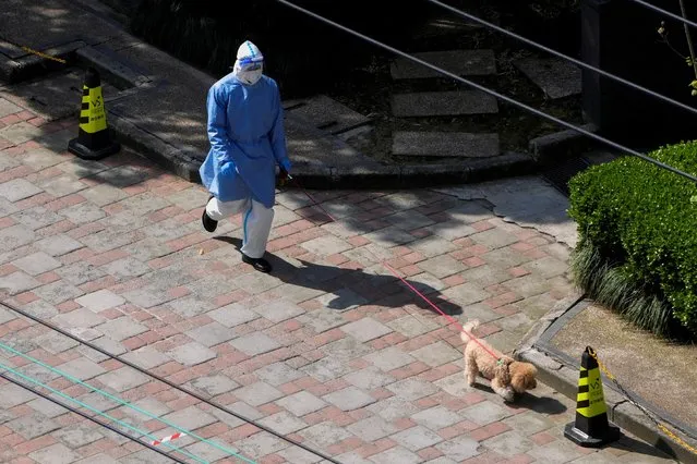 A person in personal protective equipment (PPE) walks a dog at a resident community, as the second stage of a two-stage lockdown has been launched to curb the spread of the coronavirus disease (COVID-19) in Shanghai, China on April 3, 2022. (Photo by Aly Song/Reuters)