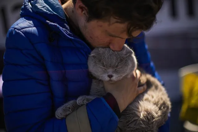 Ivan Andreiev who fled from Mariupol with his family kisses his cat Leonardo upon his arrival to a reception center for displaced people in Zaporizhzhia, Ukraine, Sunday, May 8, 2022. Thousands of Ukrainian continue to leave Russian occupied areas. (Photo by Francisco Seco/AP Photo)