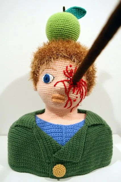 The knitted sculpture 'William Tell' by Patricia Waller sits in the 'Broken Heroes' exhibition at the Deschler Gallery