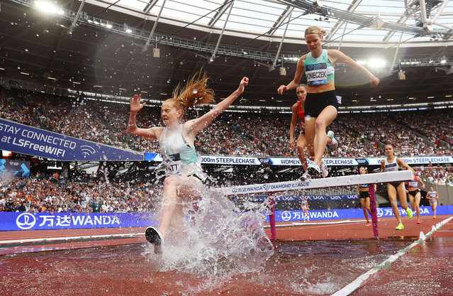 (L-R) Britain's Aimee Pratt, Poland's Alicja Konieczek and France's Flavie Renouard compete in the women's 3000m steeplechase event during the IAAF Diamond League athletics meeting at the London Stadium in the Stratford district of east London on July 23, 2023. (Photo by Matthew Childs/Action Images via Reuters)