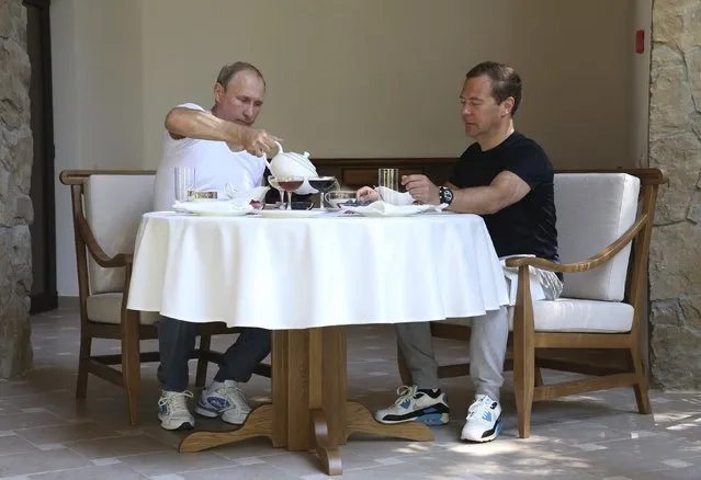 Russian President Vladimir Putin (L) and Prime Minister Dmitry Medvedev have breakfast at the Bocharov Ruchei state residence in Sochi, Russia, August 30, 2015. (Photo by Yekaterina Shtukina/Reuters/RIA Novosti)