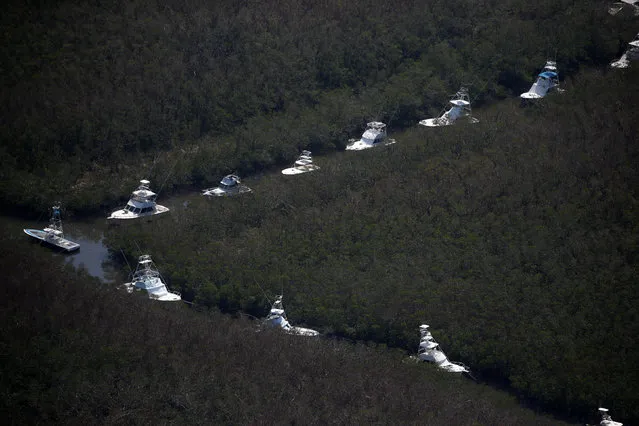 Boats lined up in a canal for protection are pictured in an aerial photo in the Keys in Marathon, Florida, U.S., September 13, 2017. (Photo by Carlo Allegri/Reuters)