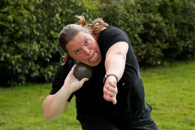Team GB Shot Putter, Sophie McKinna trains in her garden, following the coronavirus disease (COVID-19) outbreak, in Lound, Britain, May 1, 2020. (Photo by Matthew Childs/Reuters)