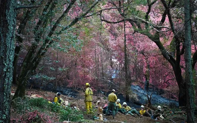 Fire fighters have a rest in debris of wildfire near Santa Rosa, California, the United States, October 19, 2017. The deadliest California wildfires have rendered 22,000 people homeless since they broke out 10 days ago, despite major progress in bringing the statewide blazes under full control, fire authorities said on Wednesday. (Photo by Wu Xiaoling/Xinhua/Barcroft Images)