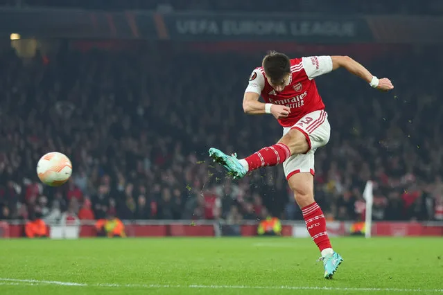 Kieran Tierney of Arsenal scores the opening goal during the UEFA Europa League group A match between Arsenal FC and FC Zurich at Emirates Stadium on November 3, 2022 in London, United Kingdom. (Photo by Marc Atkins/Getty Images)