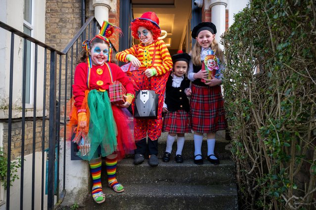 Children in Stamford Hill, north London on March 14, 2025, dress in colourful costumes as they celebrate the Jewish festival of Purim. The festival involves the reading of the Book of Esther which describes the defeat of Haman, the Persian king's adviser, who plotted to massacre the Jewish people 2,500 years ago, but the event was prevented by Esther's courage. (Photo by Stephen Chung/Alamy Live News)
